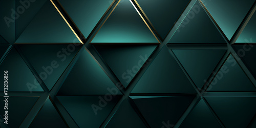 Polished, low glowing Wall background with green tiles. Triangular, tile, black and gold lining Wallpaper with