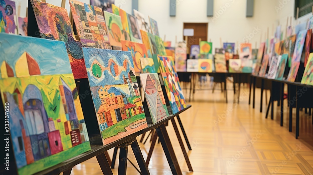 
An image featuring an art exhibition at an elementary school, showcasing the creativity and talent of young artists