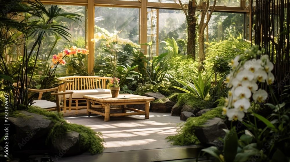 Scenes of a greenhouse with bamboo and orchids, creating a Zen Garden atmosphere with a focus on tranquility