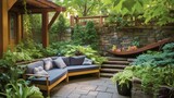 
scenes of a backyard garden transformed into an urban oasis retreat, with cozy seating, potted plants, and a serene atmosphere.