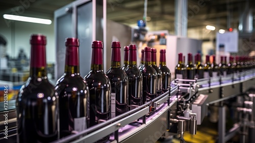 An image featuring a wine bottling line in action, with bottles moving along the conveyor belt and being filled with freshly crafted wine .