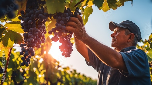 
Scenes of workers harvesting ripe grapes in a vineyard during the early morning light, capturing the essence of a new wine season. photo