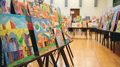  An image featuring an art exhibition at an elementary school, showcasing the creativity and talent of young artists © Sladjana
