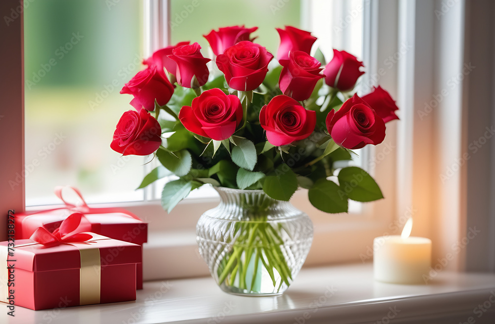 Big bouquet of red roses in a vase on the window. Valentines day women's day concept with gifts and boxes and candle Big bouquet of red roses in a vase on the window. Valentines day women's day concept with gifts and boxes and candle