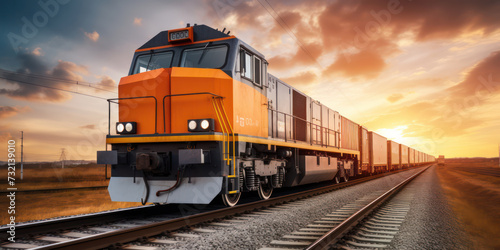 Sunset Express: A Majestic Locomotive Piercing the Orange and Yellow Sky, Surging Ahead on the Railways