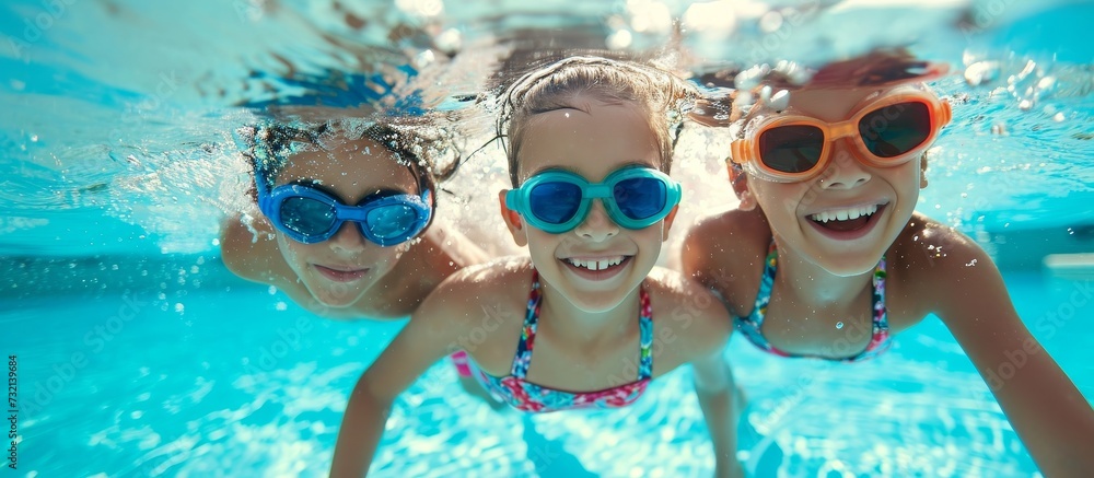 Three children are having fun swimming underwater in a pool, enjoying the natural environment and wearing diving masks for clear vision.