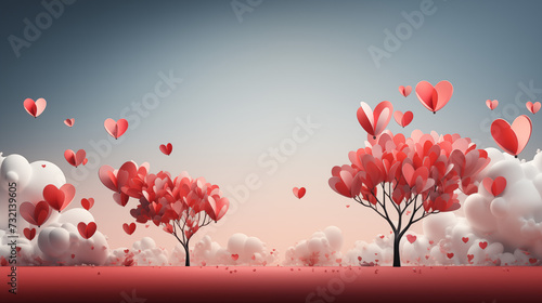 Cute Valentine's Day Inspired Landscape with Heart-Shaped Trees and Clouds.