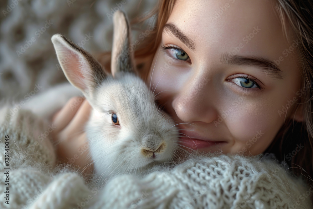 young woman cradling their pet rabbit in their hands, with a gentle smile on their face dressed in a comfortable white knitted sweater in a light-colored home environment young woman cradling their pet rabbit in their hands, with a gentle smile on their face dressed in a comfortable white knitted sweater in a light-colored home environment