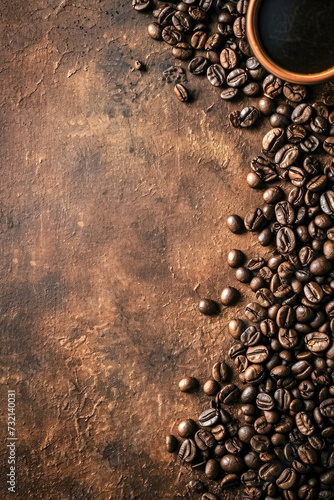 Cup of coffee and coffee beans on dark grunge background. Top view. Copy space