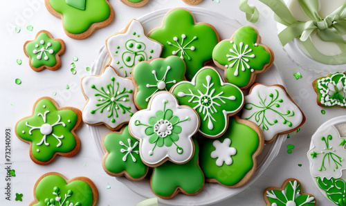 Delicious St Patrick's day cookies hand decorated with green icing and white details on a plate, top view