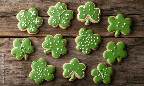 Delicious St Patrick's day cookies with clover shapes hand decorated with green icing and white details, flat lay, top view
