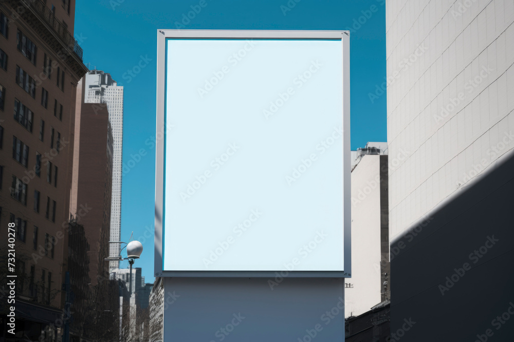 Blank mock up of vertical street poster billboard, in the center city. Street advertising. Illustration. Generative AI Blank mock up of vertical street poster billboard, in the center city. Street advertising. Illustration. Generative AI