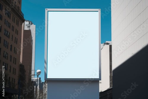 Blank mock up of vertical street poster billboard, in the center city. Street advertising. Illustration. Generative AI