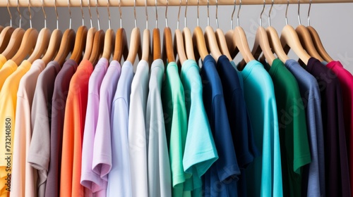Wallpaper Mural colorful of t-shirt with hangers in market, Fashion style. Neural network AI generated art Torontodigital.ca