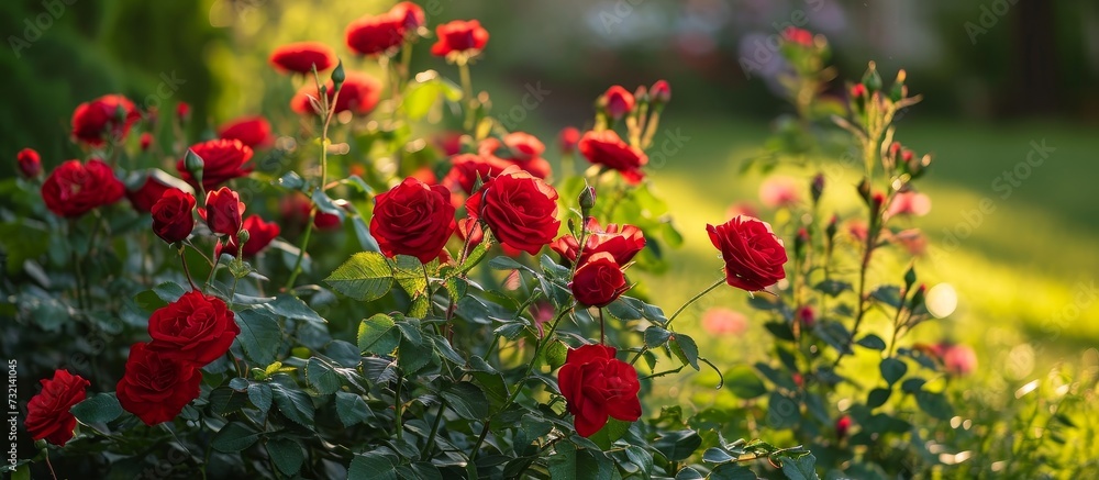 A variety of red roses, a flowering plant from the rose family, grow beautifully in a garden, adding color and natural beauty to the landscape.