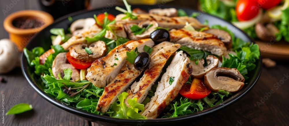 A delicious dish featuring a salad with chicken, mushrooms, tomatoes, and olives. Served on a black plate on a wooden table. A delicious dish featuring a salad with chicken, mushrooms, tomatoes, and olives. Served on a black plate on a wooden table.