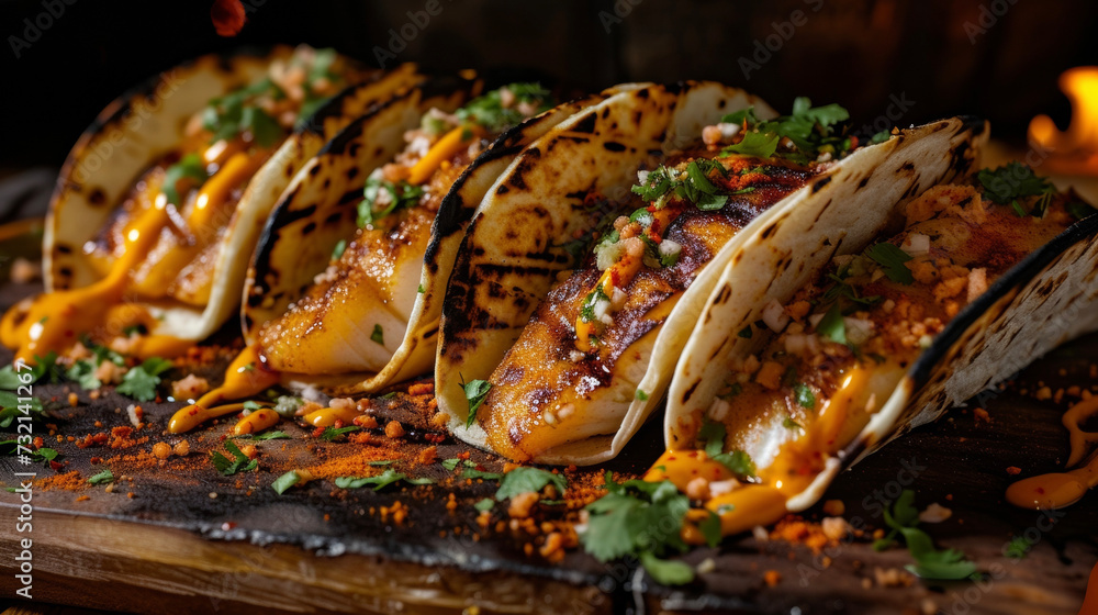 Layers of tender grilled fish drizzled with a y aioli and finished with a sprinkle of cilantro create a mouthwatering taco masterpiece.