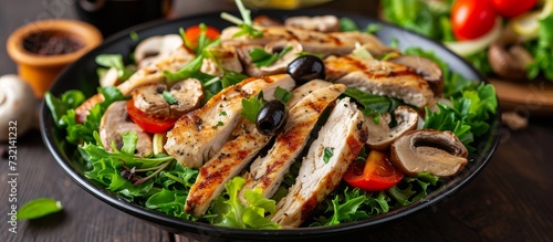 A delicious dish featuring a salad with chicken, mushrooms, tomatoes, and olives. Served on a black plate on a wooden table.
