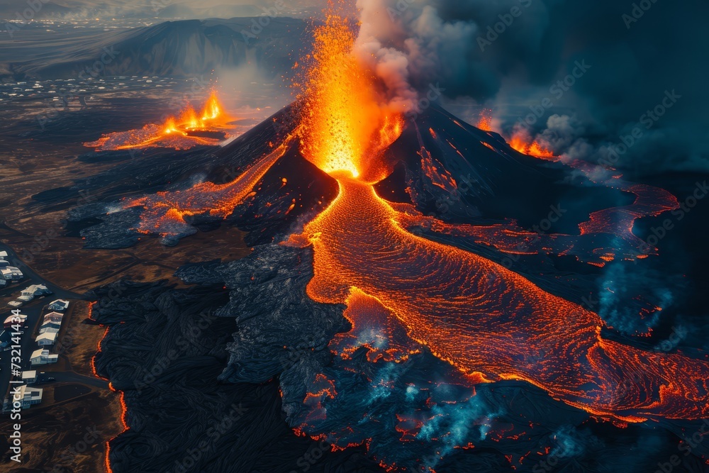 Volcanic eruption. Aerial view, drone footage. Lava flowing towards the city. Realistic image, natural disaster, threat to the city.