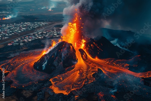 Volcano eruption. Aerial photo, drone footage. Lava flowing towards the city. Realistic photo, natural disaster, threat to the city.