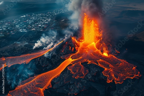 Volcano eruption. Aerial photo taken by drone. Lava streaming toward the city. Realistic picture, natural calamity, city peril