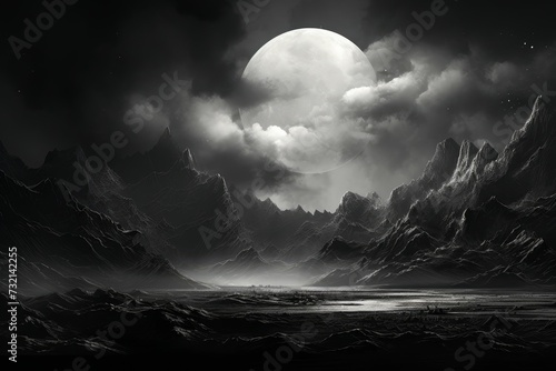 Luminous Monochrome big moon above the mountains. Night scenic landscape view of hills on dark sky. Generate ai photo