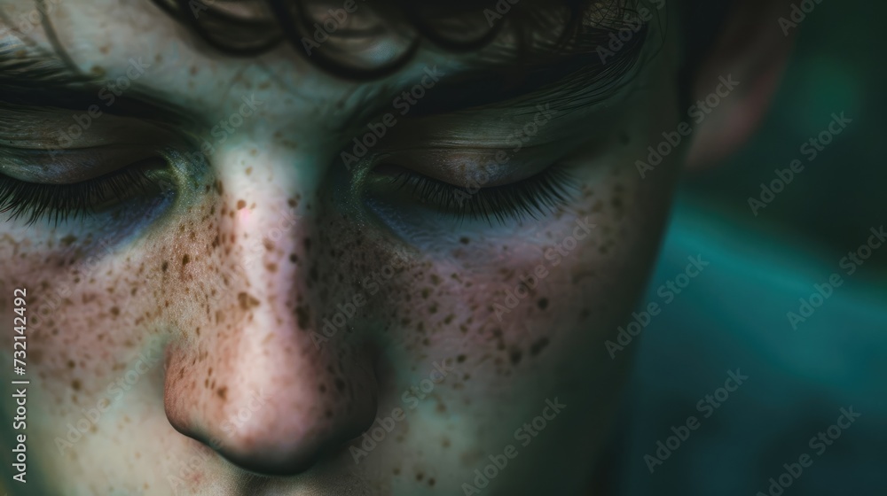 A closeup of a teenage boy with a glazed over look symbolizing the detachment and disconnection from reality that can occur during a depressive state. A closeup of a teenage boy with a glazed over look symbolizing the detachment and disconnection from reality that can occur during a depressive state.
