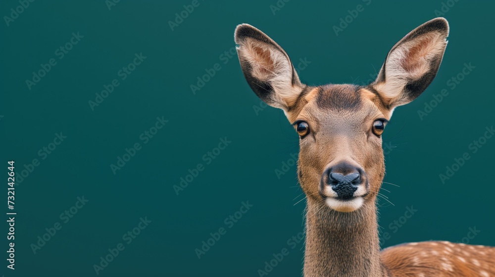 A curious deer with large ears stands alert against a teal background A curious deer with large ears stands alert against a teal background