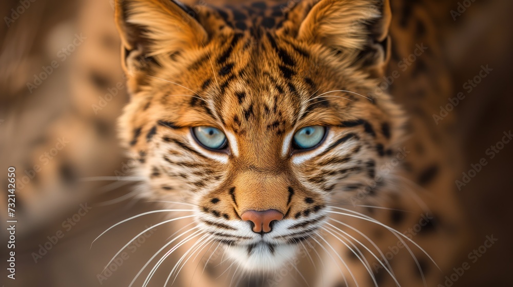Detailed close-up of an ocelot with captivating blue eyes Detailed close-up of an ocelot with captivating blue eyes