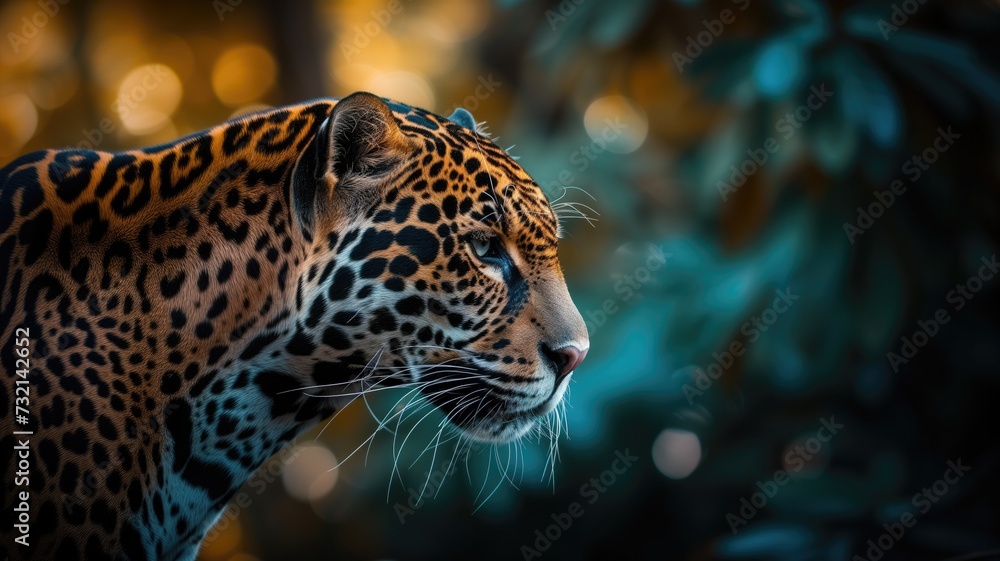 A leopard's profile against a moody blue backdrop, exuding a quiet strength
