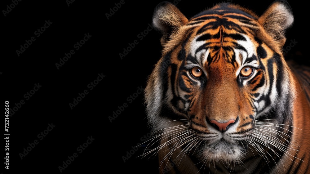 A tiger's face against a black background, showcasing its striking features