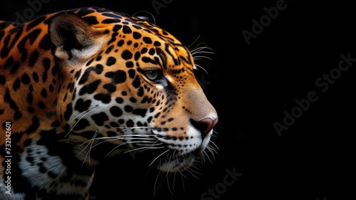Profile of a majestic jaguar against a stark black background