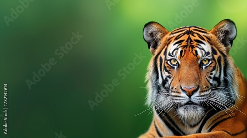 Tiger with intense gaze and detailed fur texture on a green background