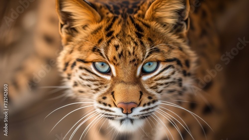 Detailed close-up of an ocelot with captivating blue eyes