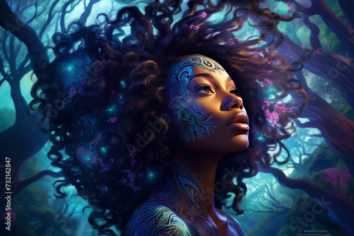 Stunning portrait of a beautiful black woman amidst a trippy, hyper-detailed nature scene with swirling trees, vibrant hues, blooming flowers, exuding happiness. For Art Prints, Social Media, Branding © sravanthi