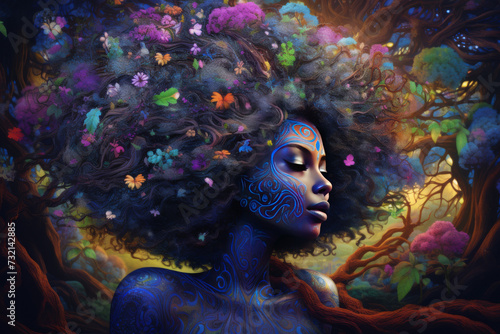 Stunning portrait of a beautiful black woman amidst a trippy, hyper-detailed nature scene with swirling trees, vibrant hues, blooming flowers, exuding happiness. For Art Prints, Social Media, Branding photo