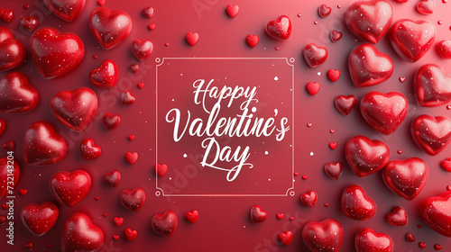 Red greeting background, postcard with the inscription Happy Valentine's Day in a frame among 3D flying hearts.