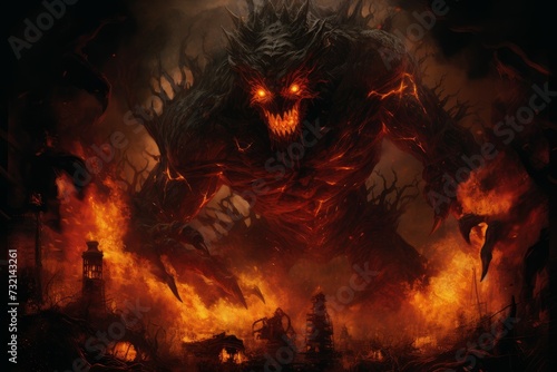 Terrifying Dark fire monster. Evil satan art. Generate Ai
