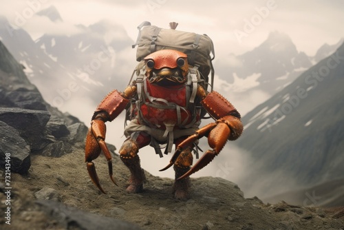 a crab dressed as a climber who conquers mountain
