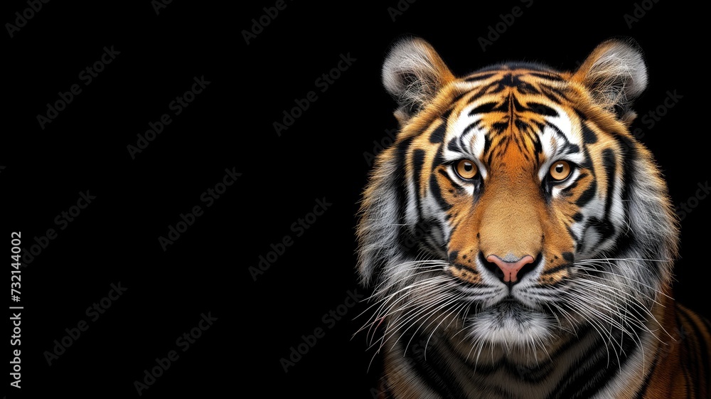 A tiger's face emerges from the darkness, highlighting its striking orange and black pattern
