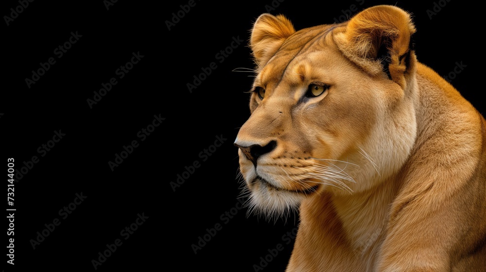 Obraz premium Detailed, striking profile of a lioness against a stark black backdrop