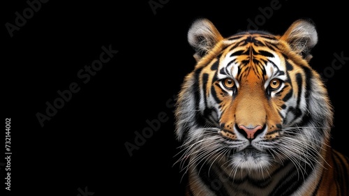 A tiger s face emerges from the darkness  highlighting its striking orange and black pattern