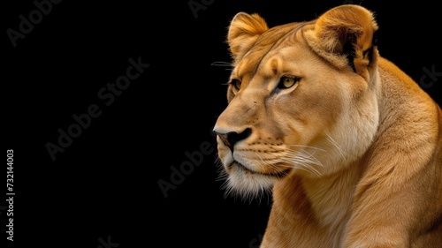 Detailed, striking profile of a lioness against a stark black backdrop