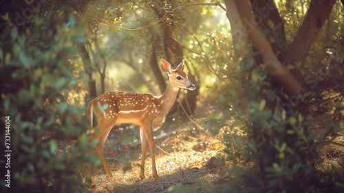 A fawn in the forest with sunbeams filtering through trees © Татьяна Макарова