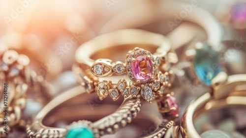 A close-up of vintage rings with colorful gemstones
