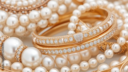 Close-up of elegant gold and pearl jewelry, showcasing luxury and sophistication