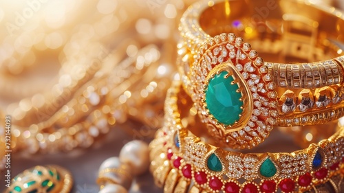 Sparkling traditional gold jewelry adorned with colorful gemstones