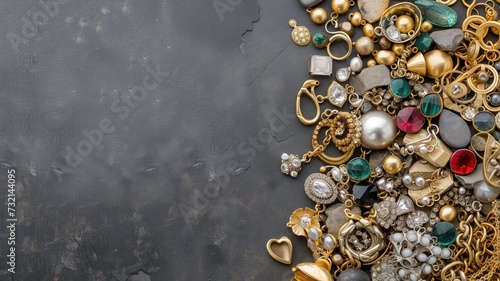 A diverse assortment of vintage jewelry spread on dark surface