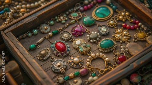 A wooden box brimming with an assortment of antique jewelry