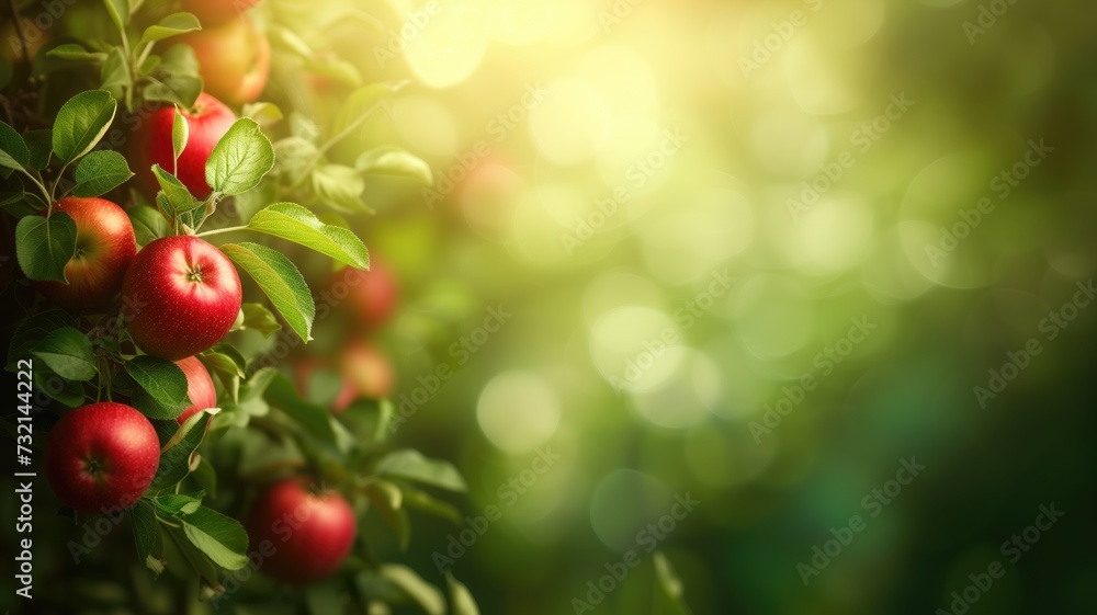 Sunlight streams through red apples hanging on a lush tree, creating a vibrant and fresh atmosphere Sunlight streams through red apples hanging on a lush tree, creating a vibrant and fresh atmosphere